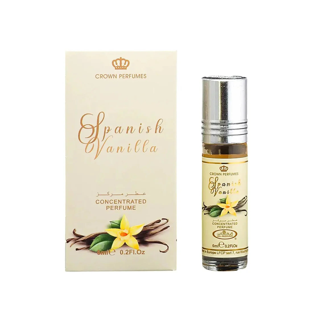 Bilde av esken og flasken side om side av Spanish Vanilla Perfume Oil 6ml Al Rehab