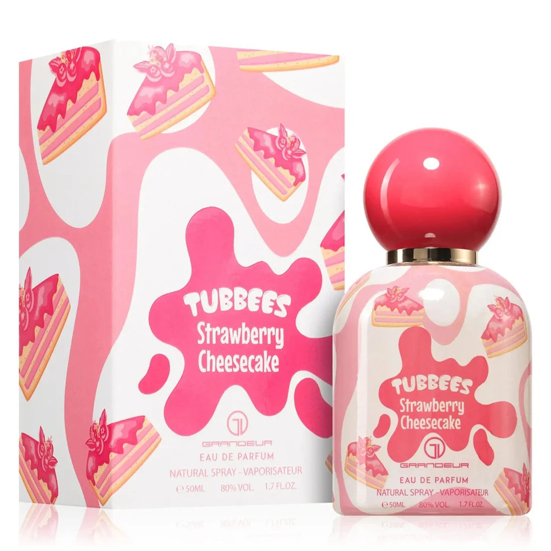 Bilde av esken og parfymeflasken til Strawberry Cheesecake Perfume 50ml EDP Tubbees side om side