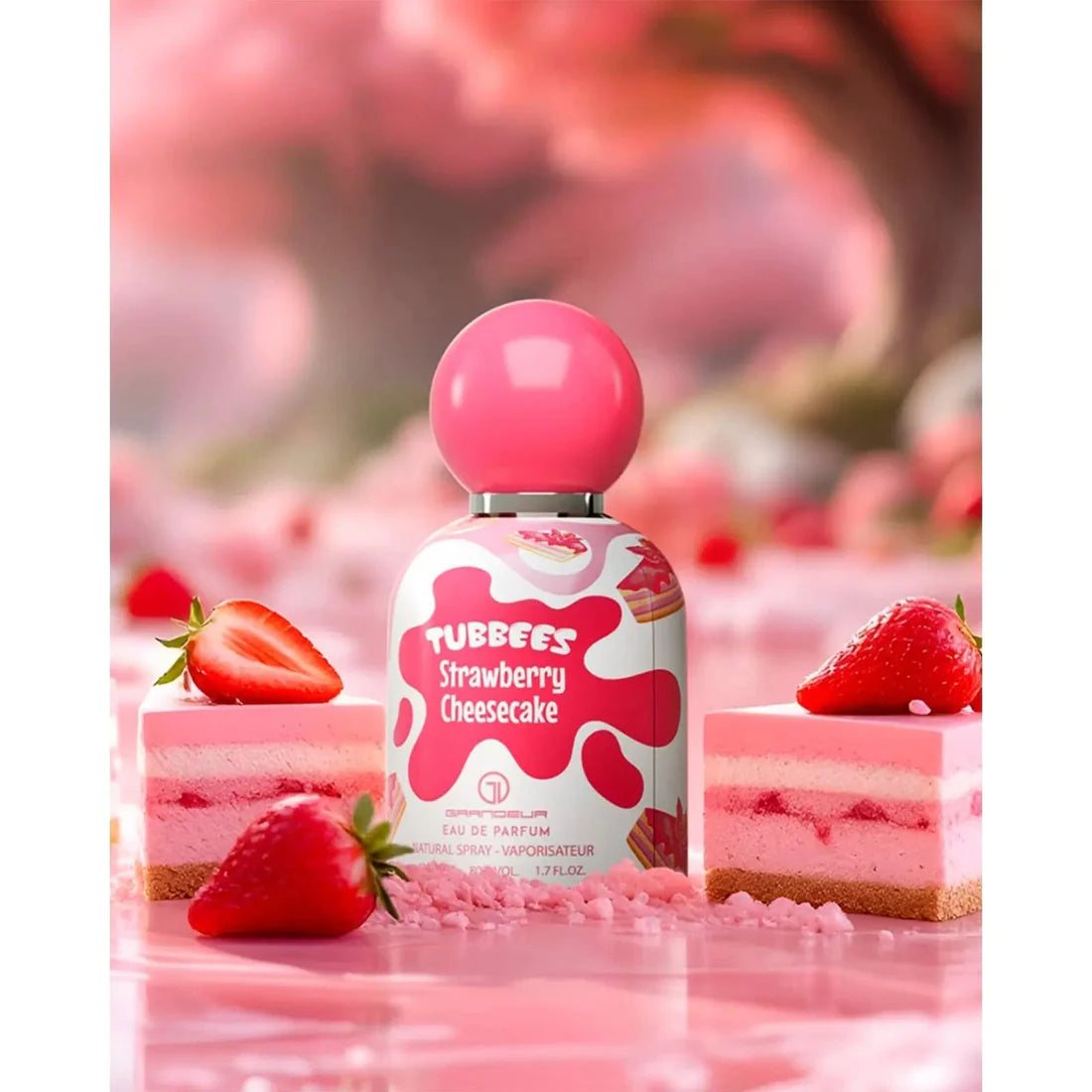 Bilde av Strawberry Cheesecake Perfume 50ml EDP Tubbees sammen med jordbærkake og jordbær