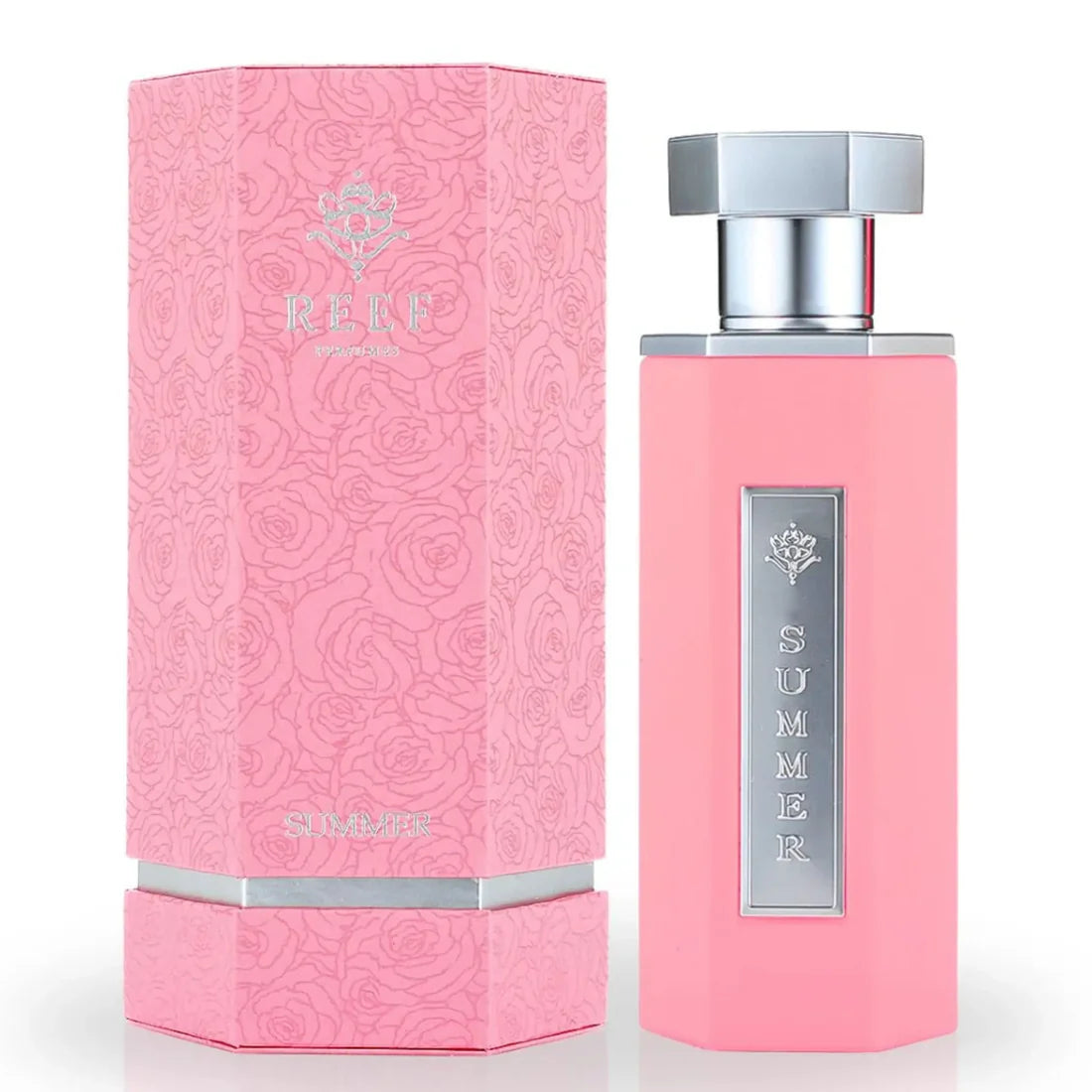 Bilde av esken og parfymeflasken side om side av Summer Pink Perfume 100ml EDP Reef