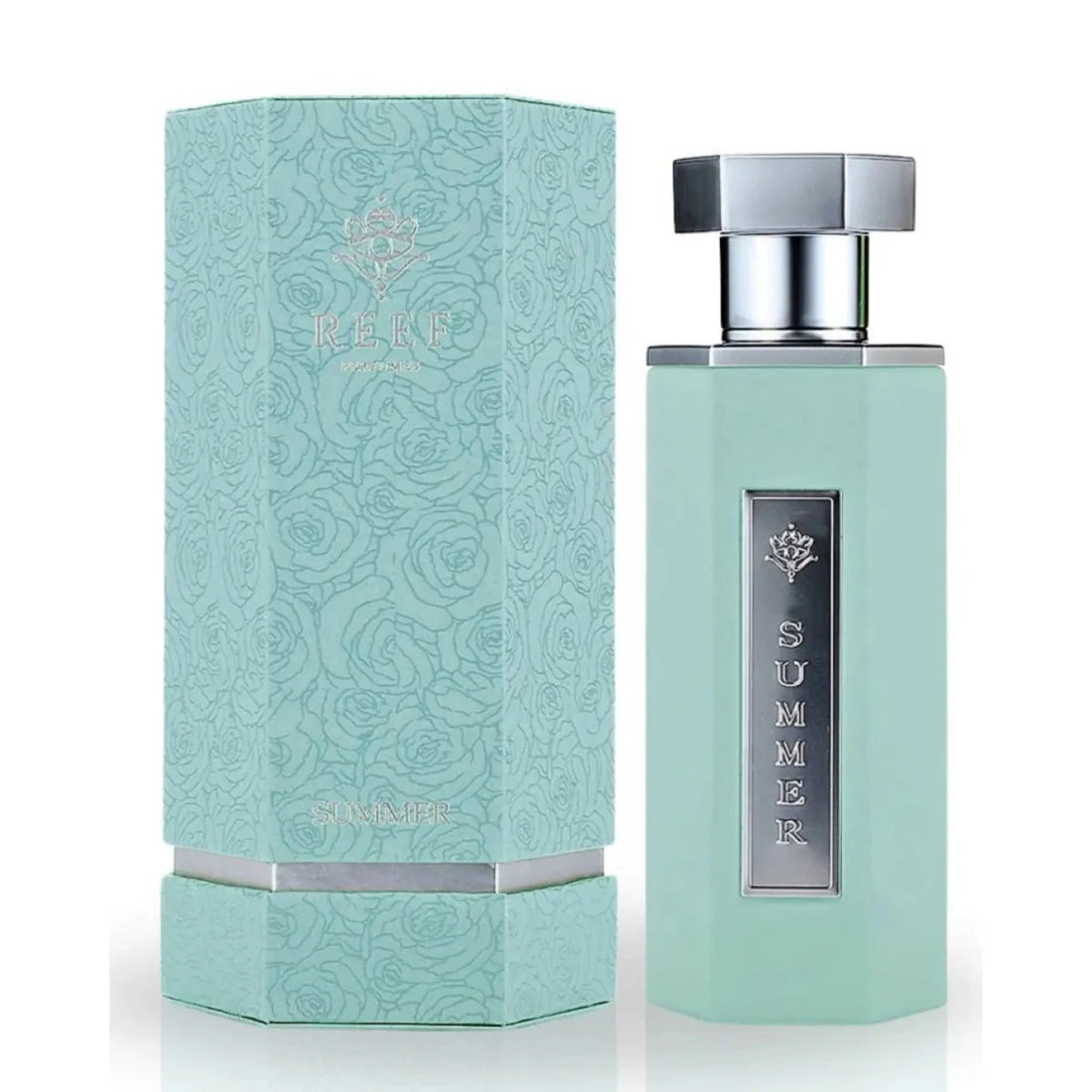 Esken og parfymeflasken til Summer Tiffany EDP 100ml Reef Perfumes side om side