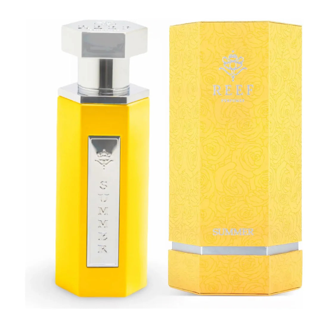 Parfymeflasken og esken side om side av Summer Yellow EDP 100ml Reef Perfumes