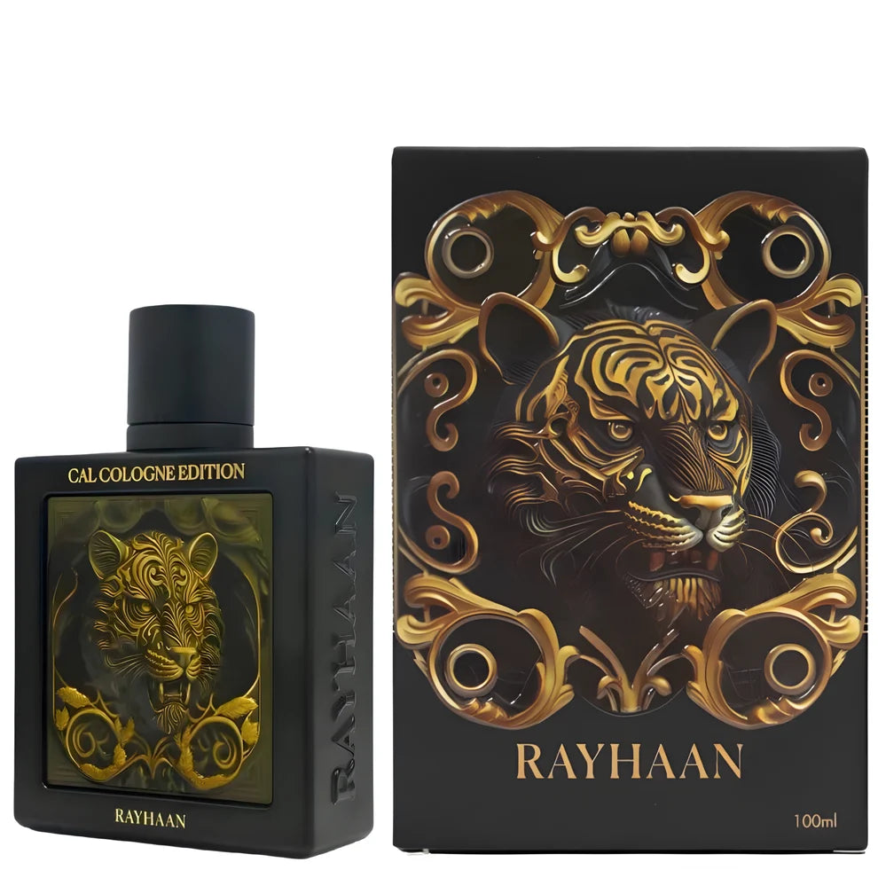 Parfymeflasken og esken side om side av Tiger Perfume 100ml EDP Rayhaan
