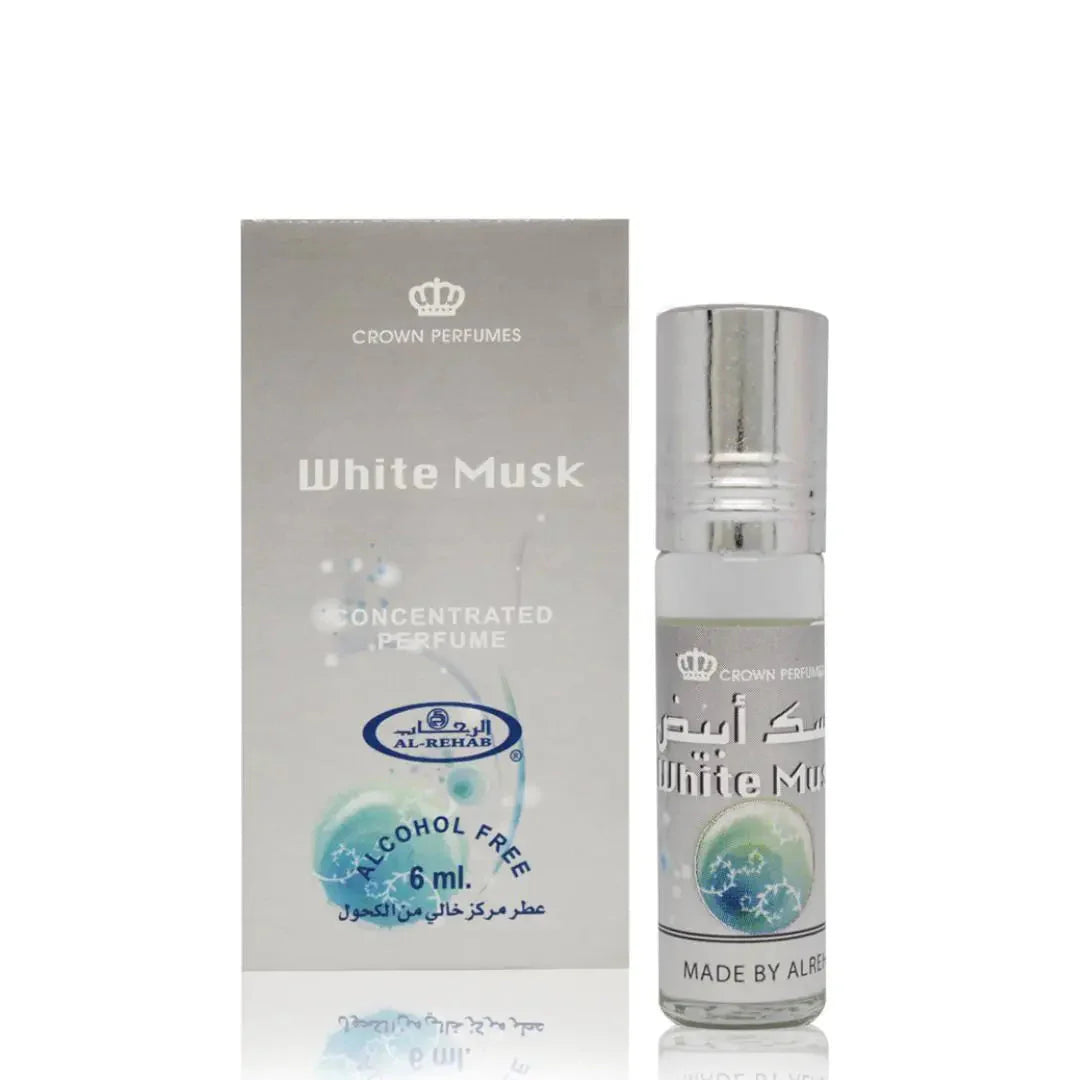 Bilde av esken og flasen side om side av White Musk Perfume Oil 6ml Al Rehab