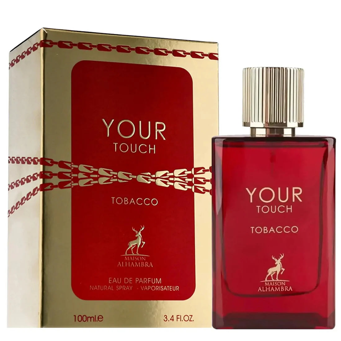 Bilde av esken og parfymeflasken til Your Touch Tobacco Perfume 100ml EDP Maison Alhambra