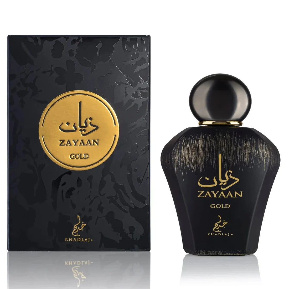 Esken og parfymeflasken side om side av Zayaan Gold Perfume 100ml EDP Khadlaj