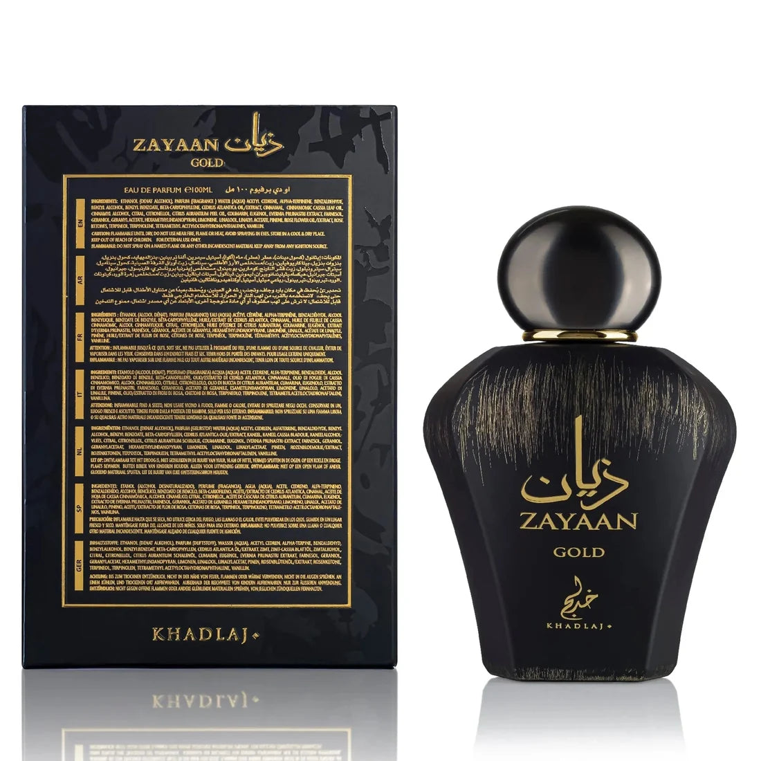 Eskens bakside og parfymeflasken side om side av Zayaan Gold Perfume 100ml EDP Khadlaj