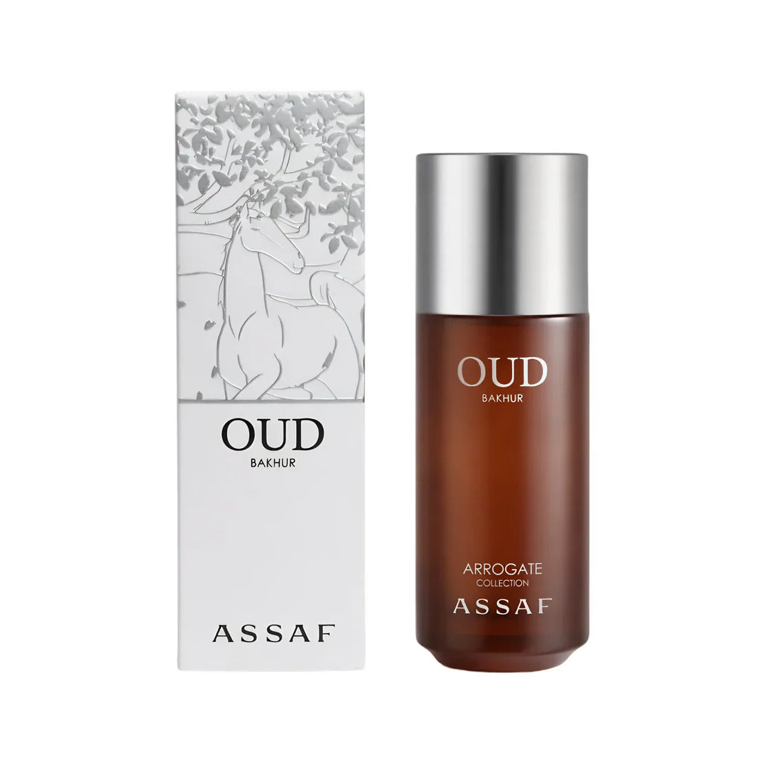 Esken og parfymeflasken til Arrogate Oud Bakhur side om side