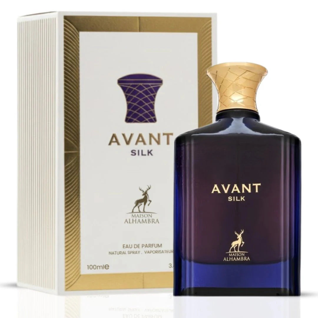 Esken og parfymeflasken til Avant Silk Perfume 100ml EDP Maison Alhambra side om side