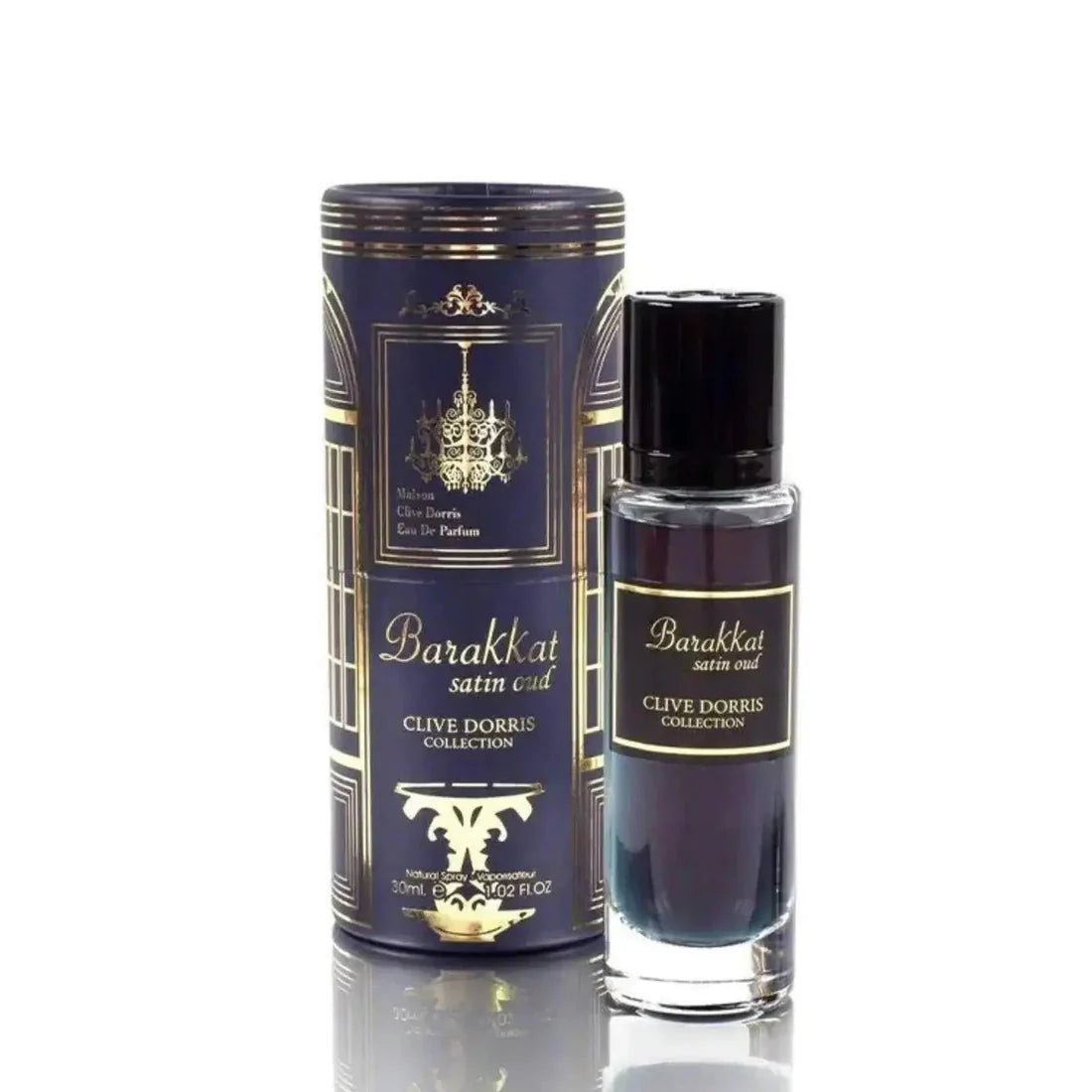 Esken og parfymeflasken av Barakkat Satin Oud Perfume 30ml by Clive Dorris side om side
