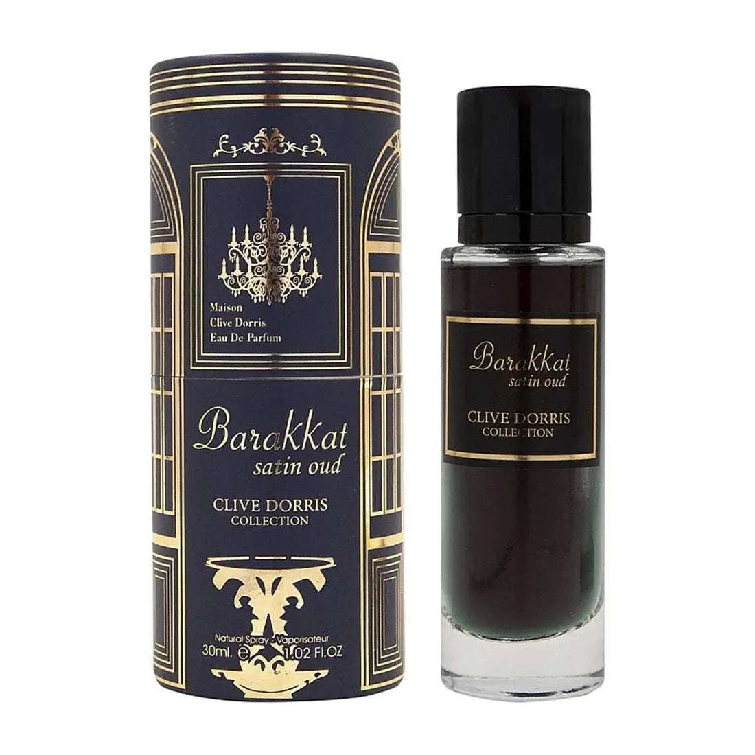 Esken og parfymeflasken side om side av Barakkat Satin Oud Perfume 30ml by Clive Dorris