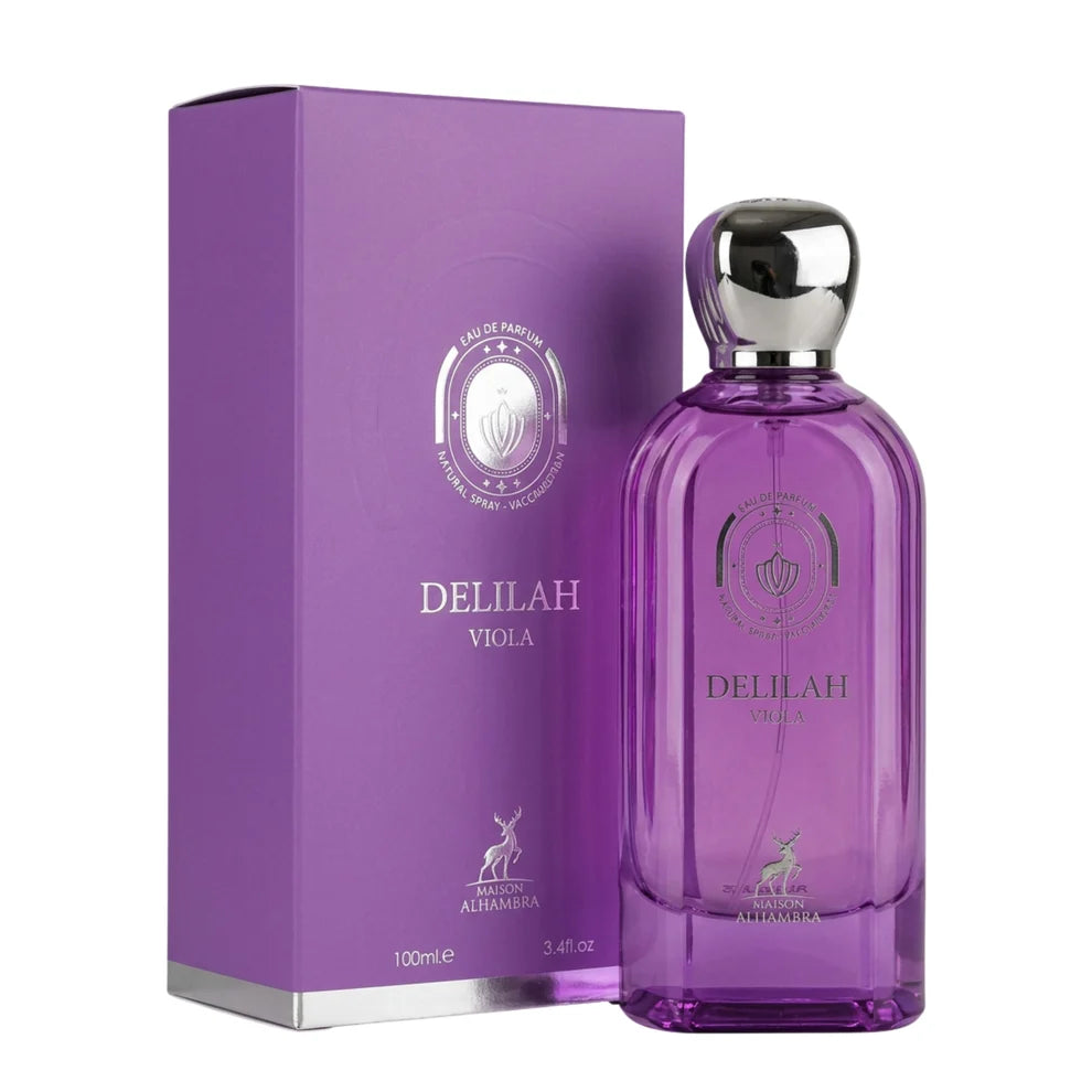 Esken og parfymeflasken til Delilah Viola Perfume 100ml EDP Maison Alhambra ide om side