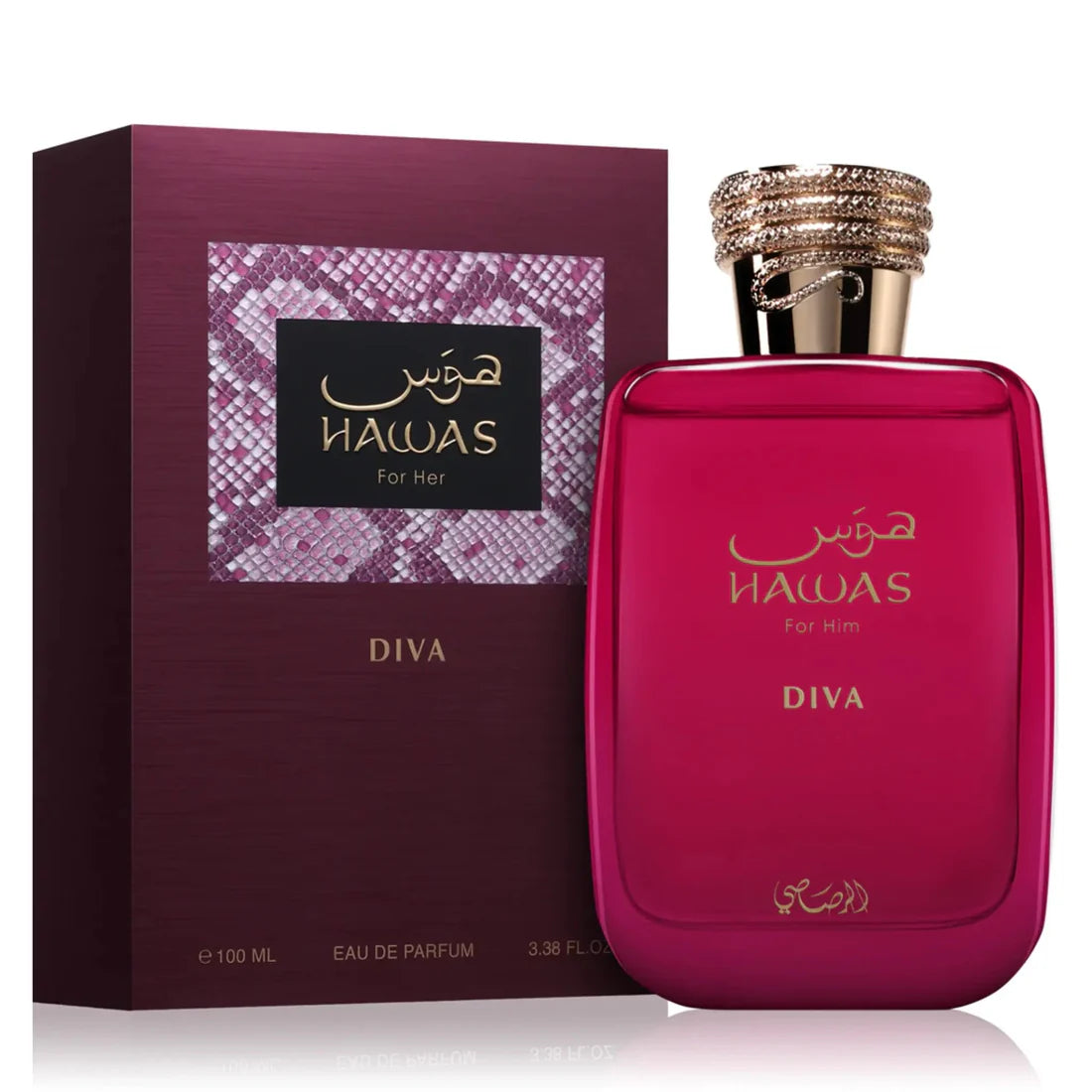 Esken og parfymeflasken side om sde av Hawas Diva Perfume 100ml EDP Rasasi