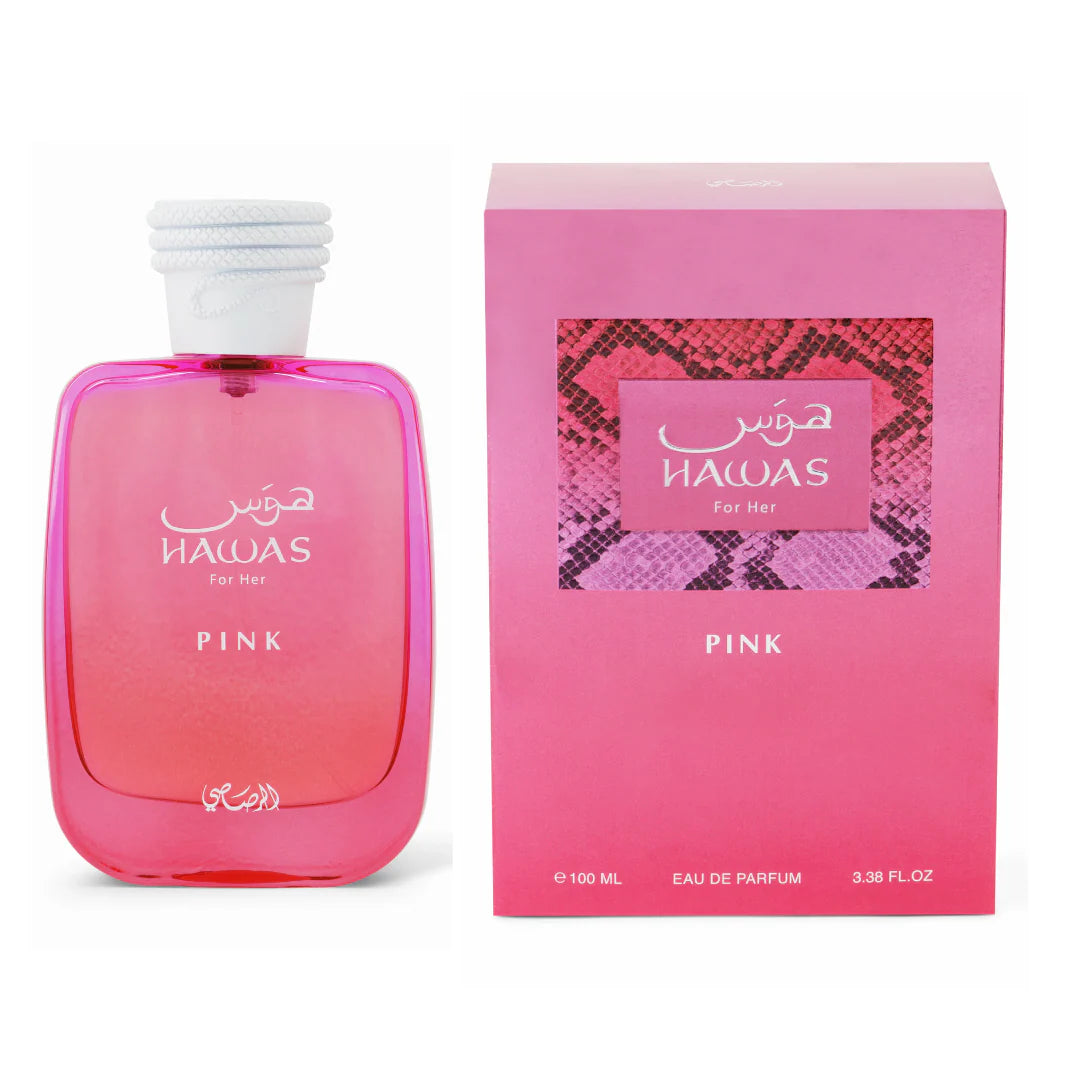 Parfymeflasken og esken side om side av Hawas Pink for Her 100ml EDP fra Rasasi
