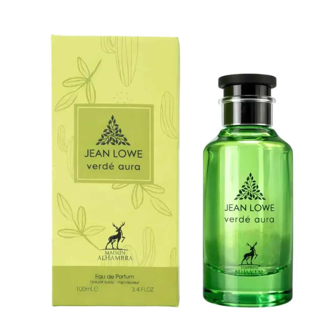 Esken og parfymeflasken side om side av Jean Lowe Verde Aura Perfume 100ml EDP Maison Alhambra
