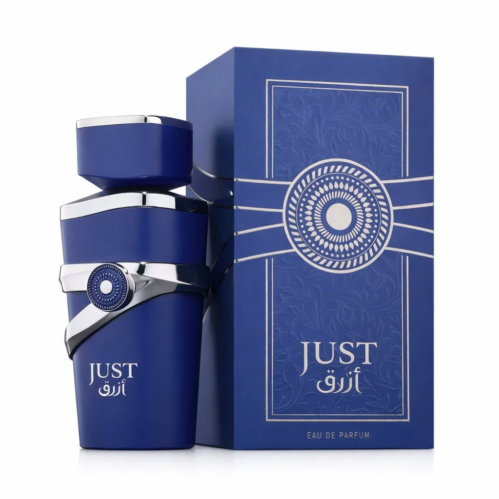 Parfymeflasken og esken til Fragrance Wordl Just Azraq 100ml Parfyme