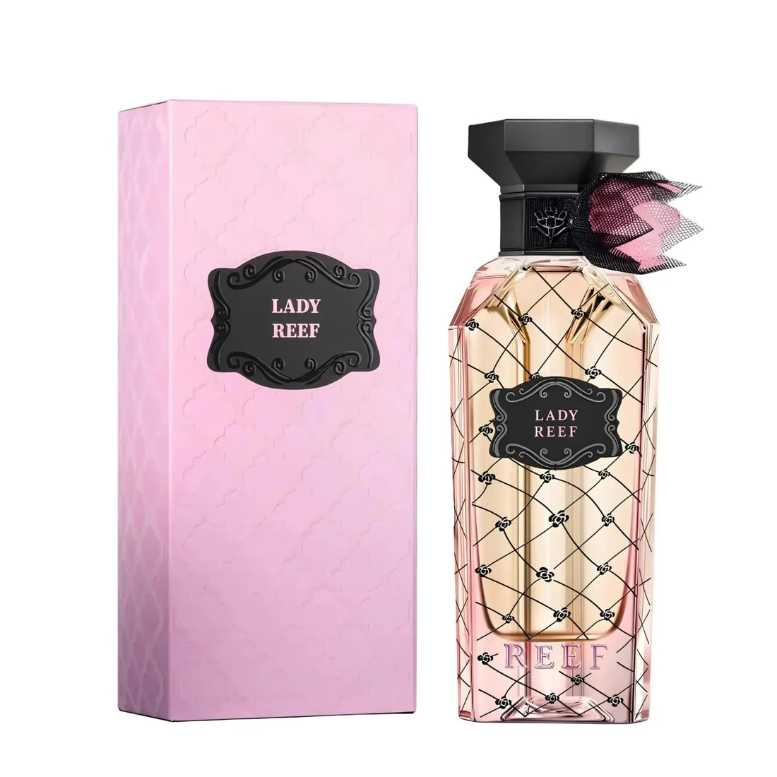 Esken og parfymeflasken til Lady Reef EDP 150ml by Reef Perfumes side om side