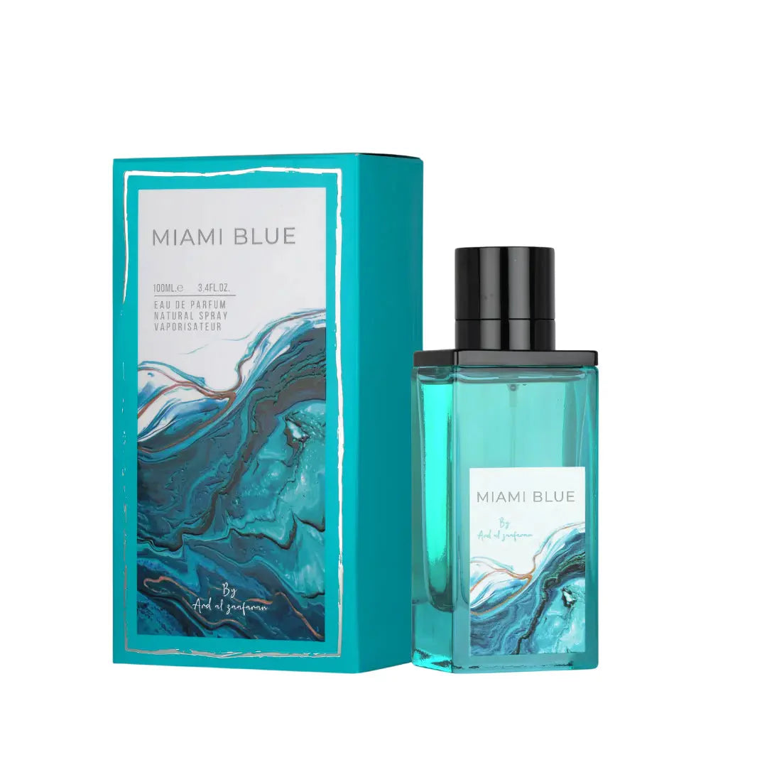Esken og parfymeflasken side om side av Miami Blue Perfume 100ml EDP Ard Al Zaafaran