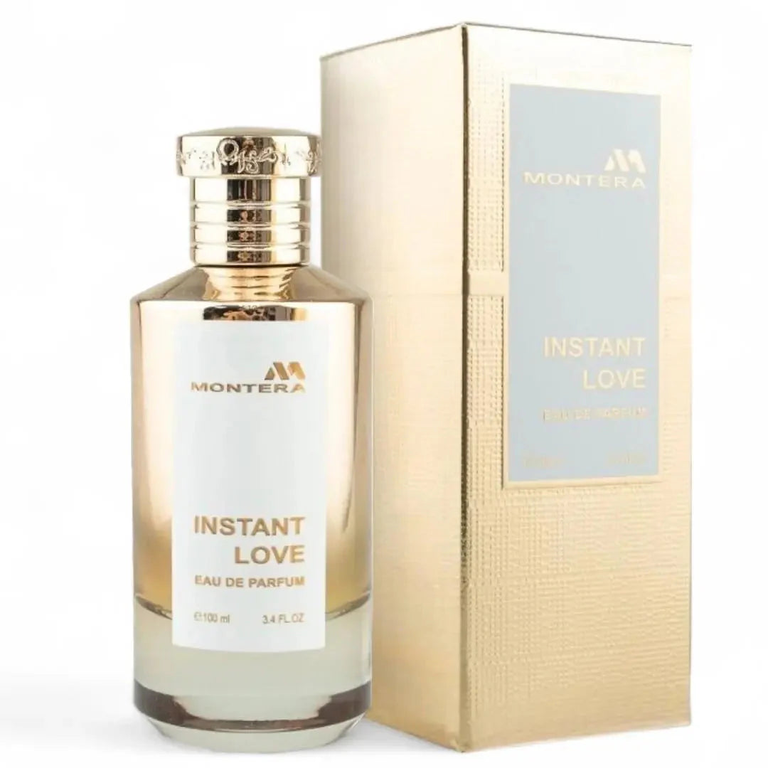 Esken og parfymeflasken side om side av Montera Instant Love Perfume 100ml EDP By Fragrance World