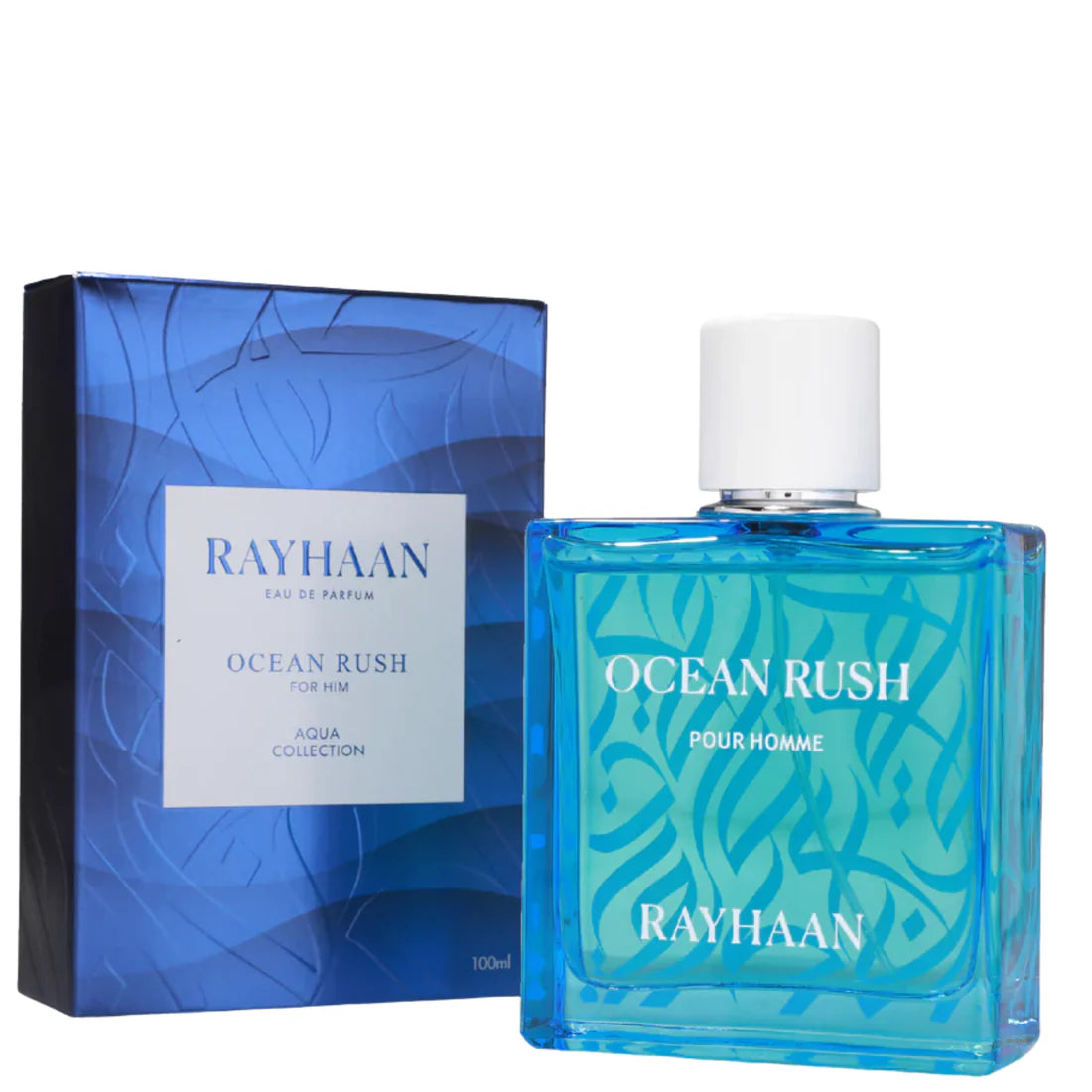 Esken og parfymeflasken av Ocean Rush Perfume 100ml EDP Rayhaan
 side om side