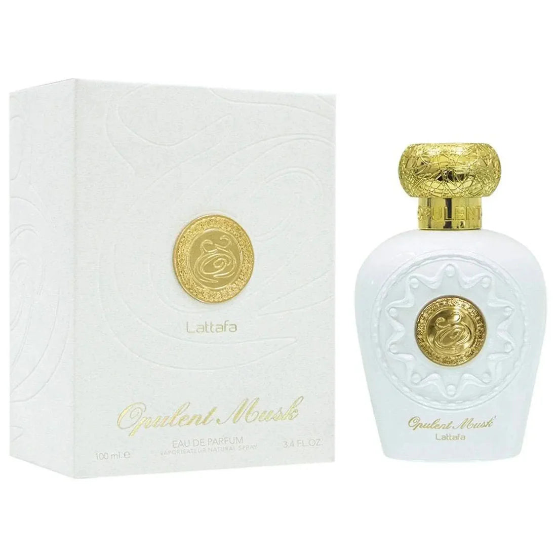 Bilde av esken og parfymeflasken side om side av Opulent Musk Perfume 100ml EDP By Lattafa