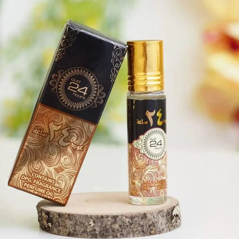 Bilde av esken og parfymeflasken til Oud 24 Hours Perfume Oil 10ml Ard Al Zaafaran i en dekkorativ form