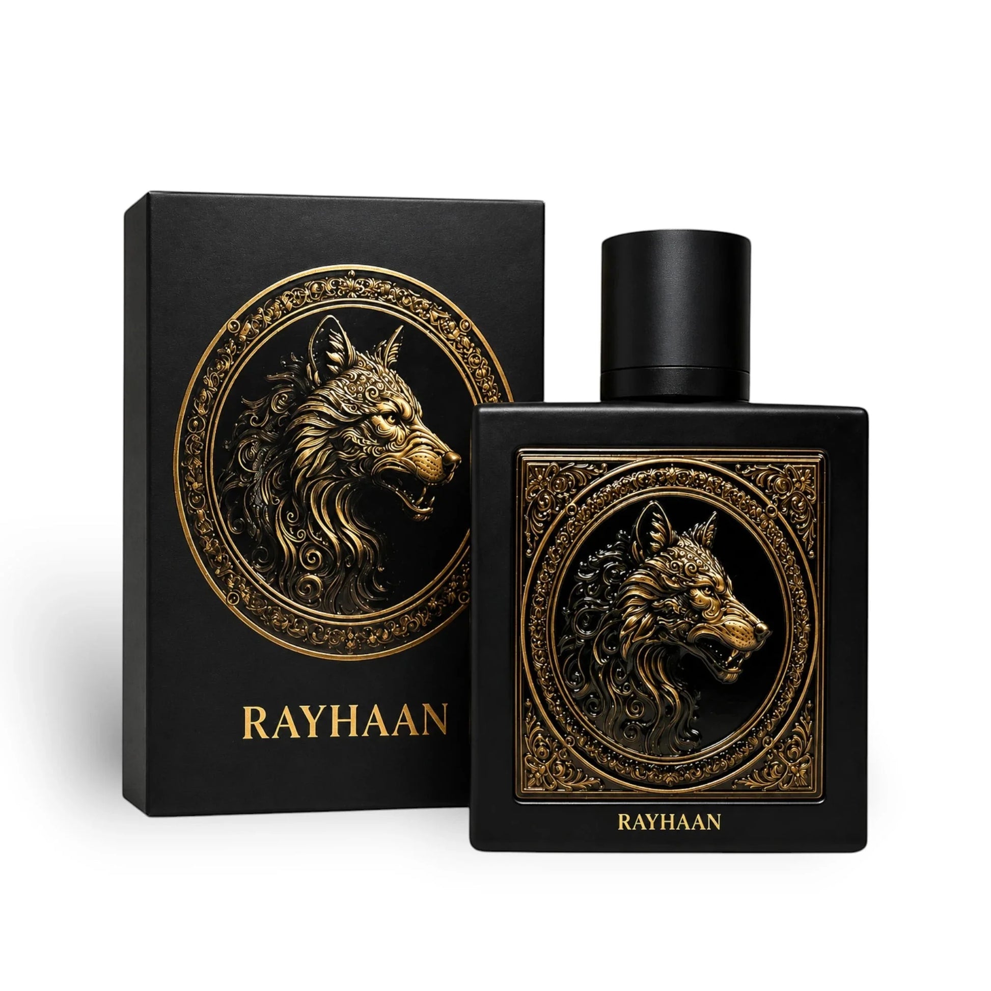 Esken og parfymeflasken til Rayhaan Wolf side om side