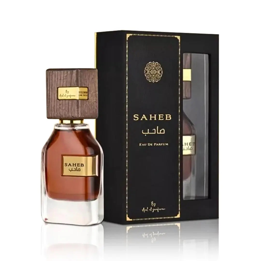 Bilde av parfymeflasken og esken side om side av Saheb Perfume 70ml EDP by Ard Al Zaafaran