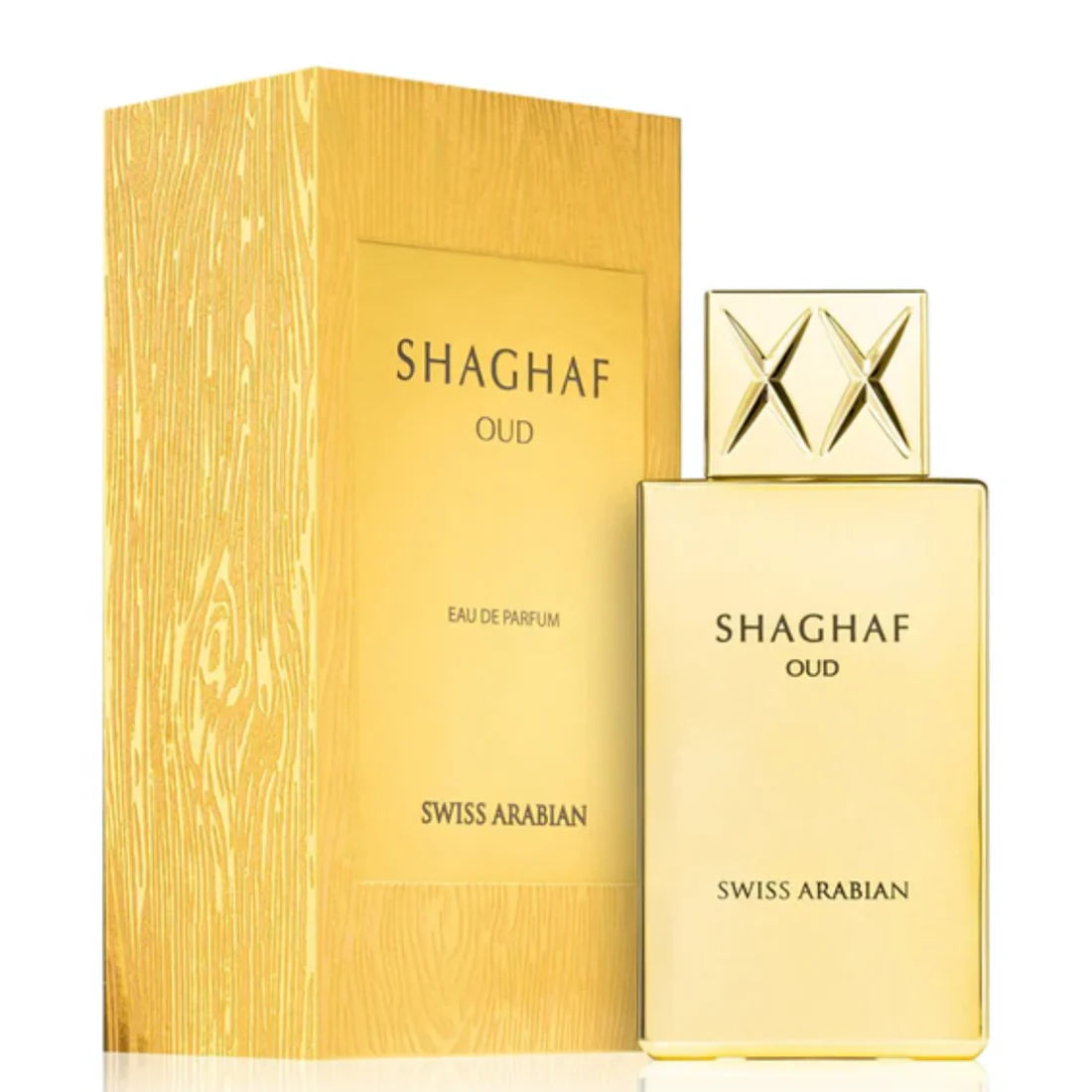 Esken og parfymeflasken til Shaghaf Oud Perfume 75ml Swiss Arabian side om side