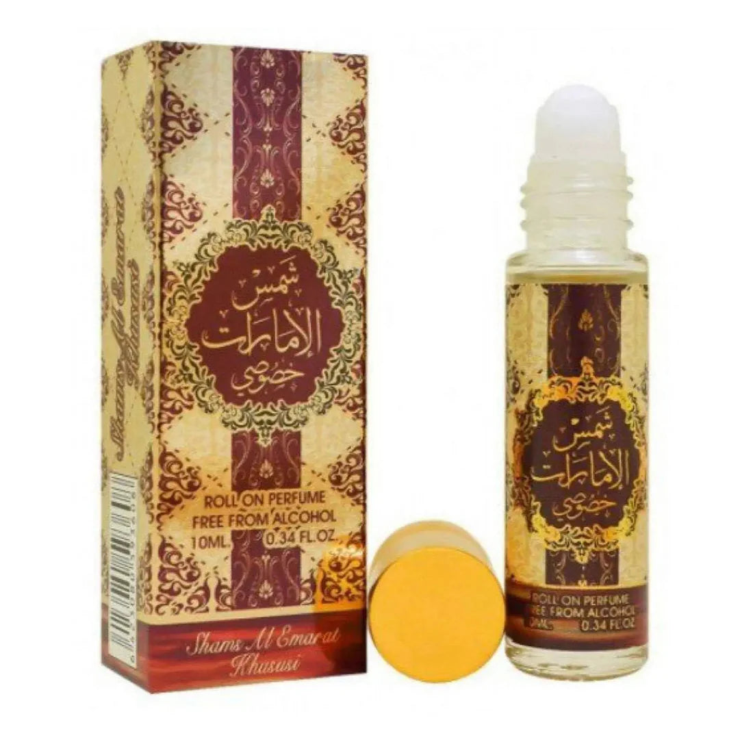 Bilde av esken og flasken side om side av Shams Al Emarat Khususi Perfume Oil 10ml Ard Al Zaafaran