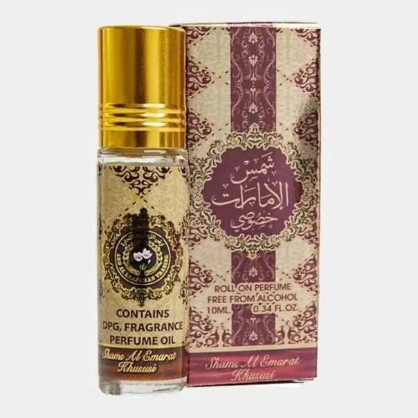 Bilde av flasken og esken side om side av Shams Al Emarat Khususi Perfume Oil 10ml Ard Al Zaafaran