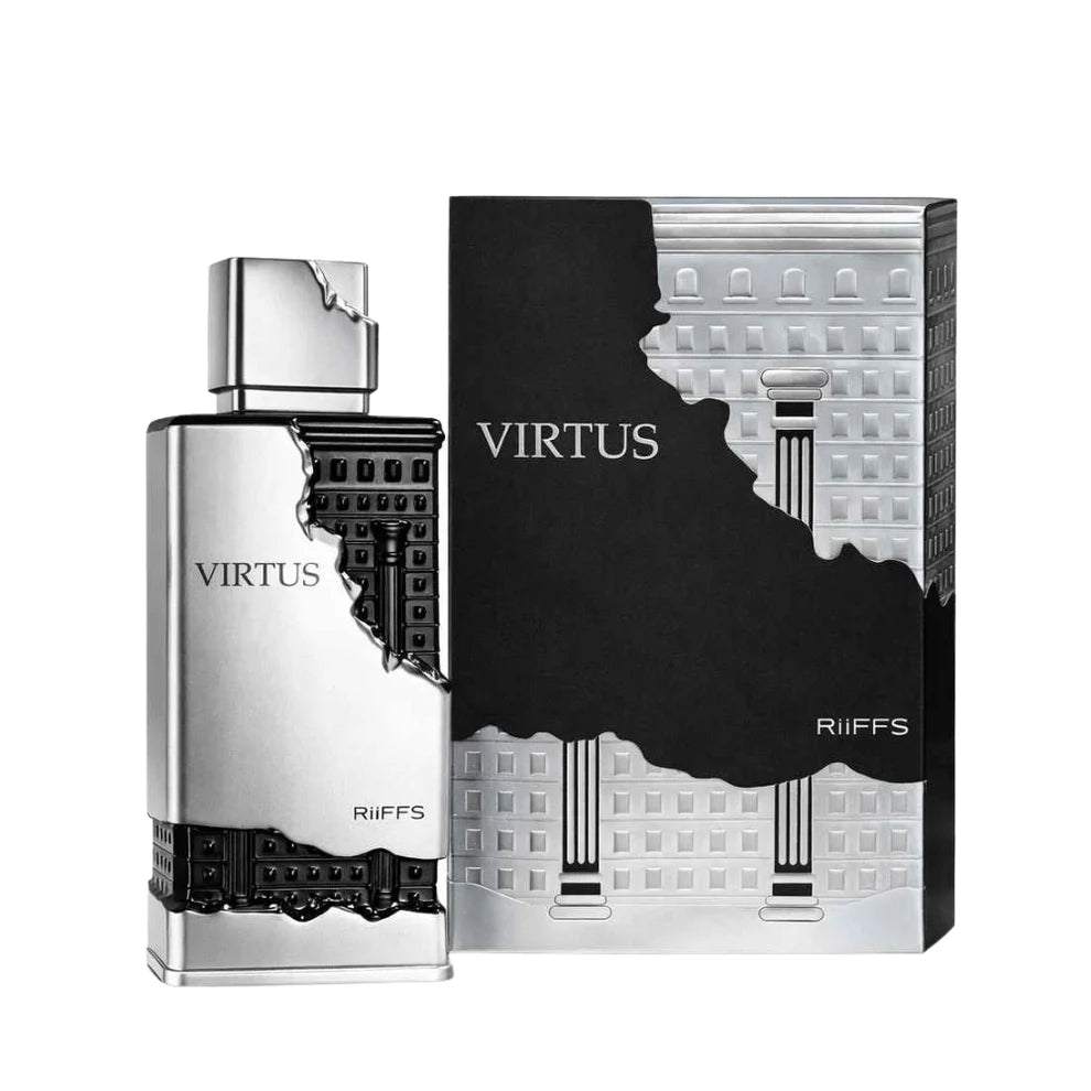 Parfymeflasken og esken side om side av Virtus Extrait de Parfum by Riiffs Parfyme